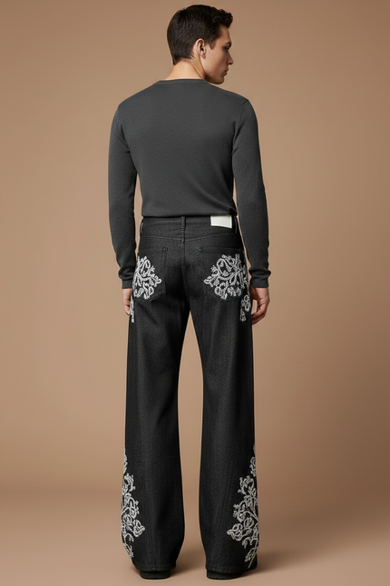 Pantalon Patte D'Éléphant Denim Noir Broderie Florale Homme - Jean - vue 2