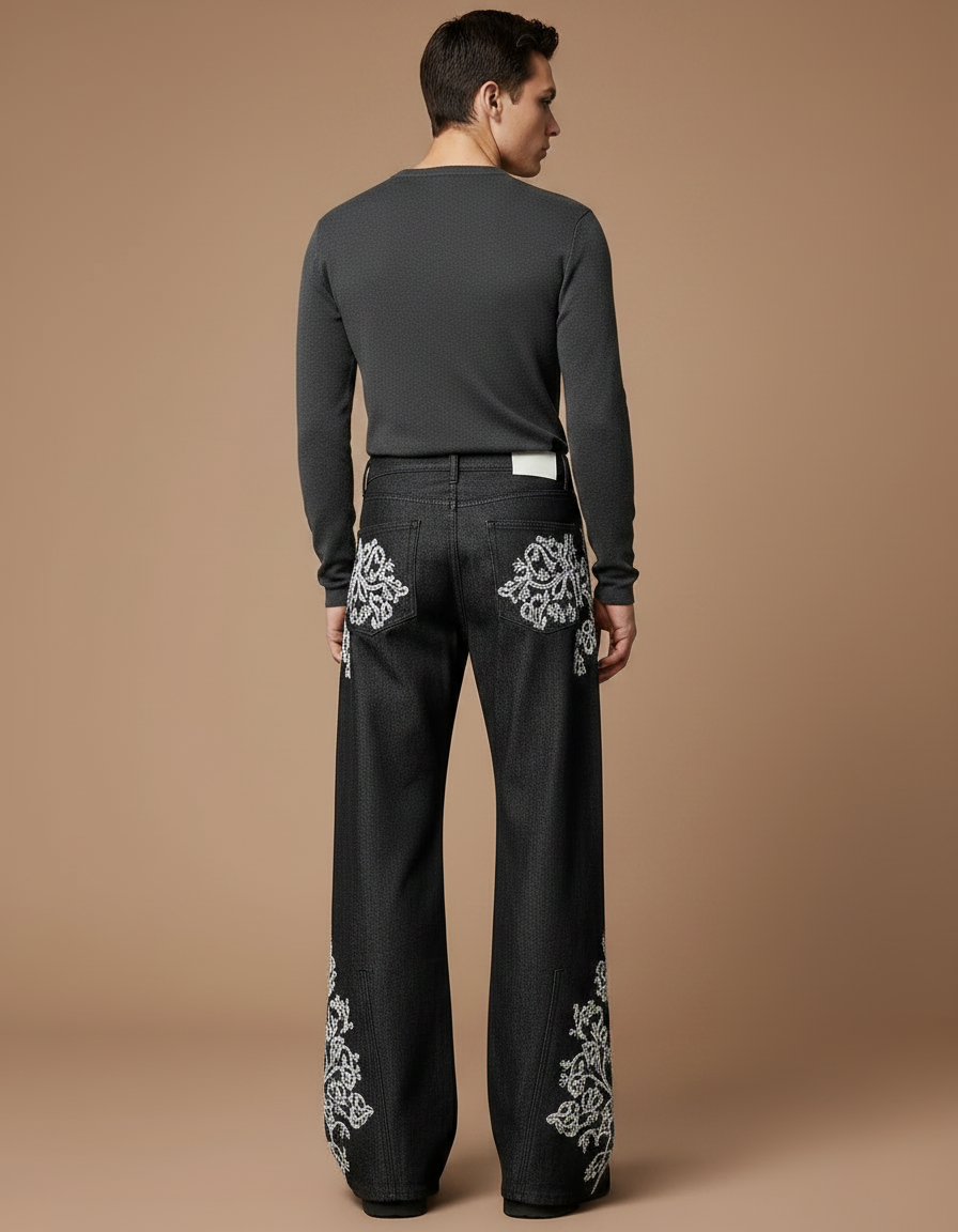 Pantalon Patte D'Éléphant Denim Noir Broderie Florale Homme - Jean - vue 2