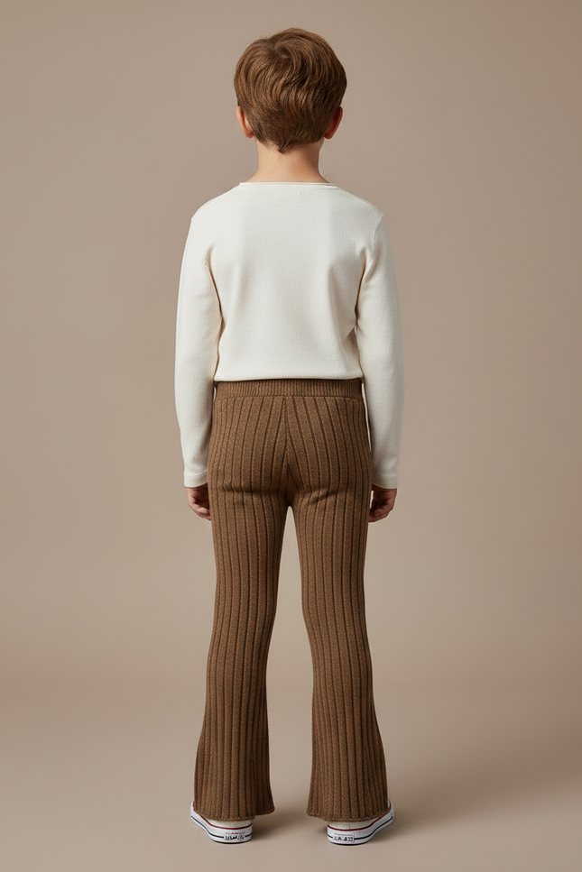 Pantalon Patte D'Éléphant Marron Côtelé Tricoté Confortable Enfant - Maille - vue 2