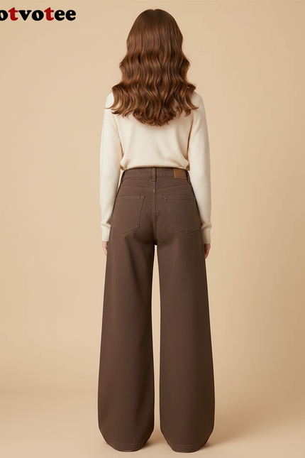 Pantalon Patte D'Éléphant Marron Taille Haute Ample Décontracté - Gabardine - vue 2