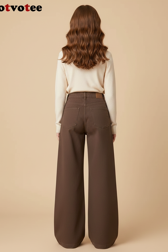 Pantalon Patte D'Éléphant Marron Taille Haute Ample Décontracté - Gabardine - vue 2