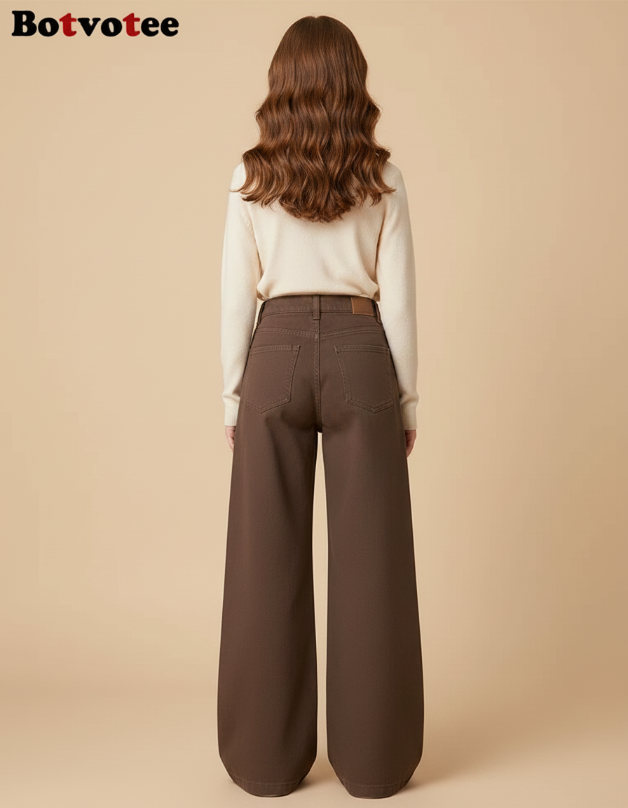 Pantalon Patte D'Éléphant Marron Taille Haute Ample Décontracté - Gabardine - vue 2