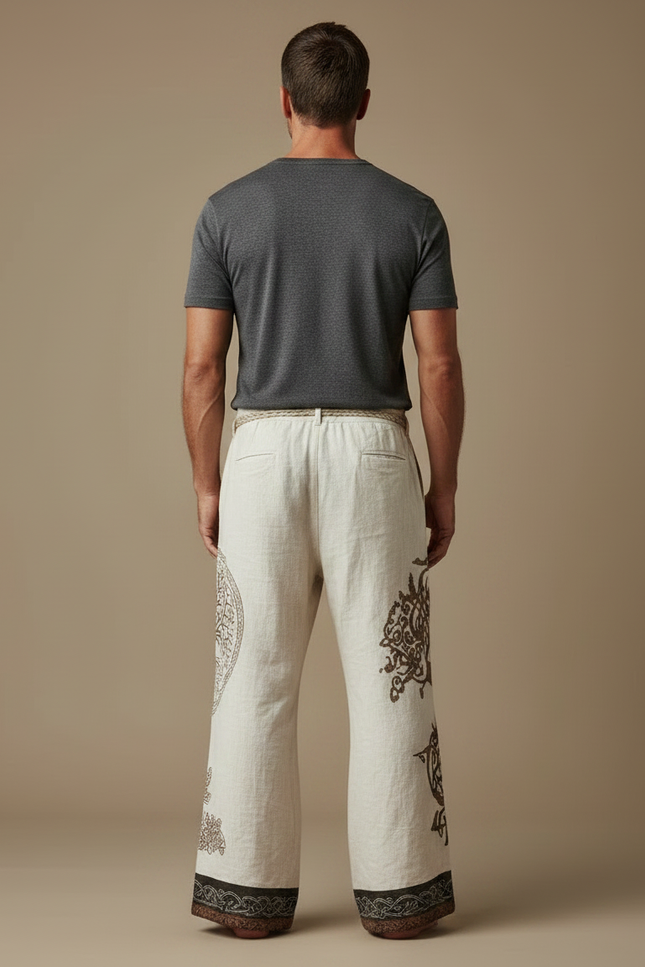Pantalon Patte D'Éléphant Lin Imprimé Arbre Ethnique Ample - Beige - vue 2