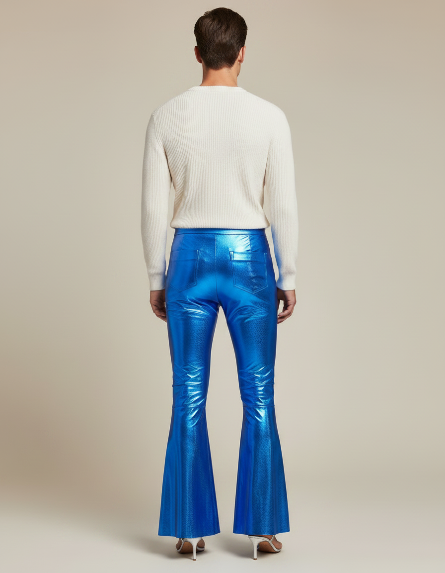 Pantalon Patte D'Éléphant Bleu Métallique Brillant Évasé Homme - Polyester - vue 2