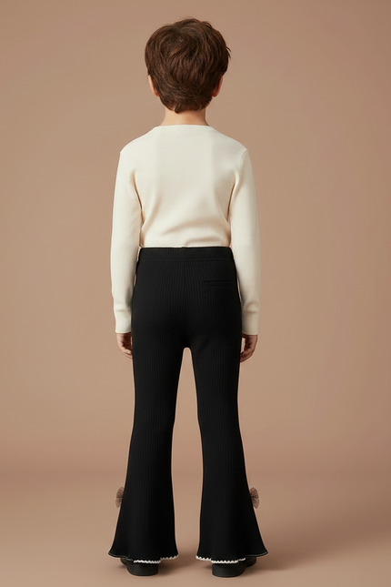 Pantalon Patte D'Éléphant Noir Côtelé Évasé Nœuds Enfant - Maille - vue 2
