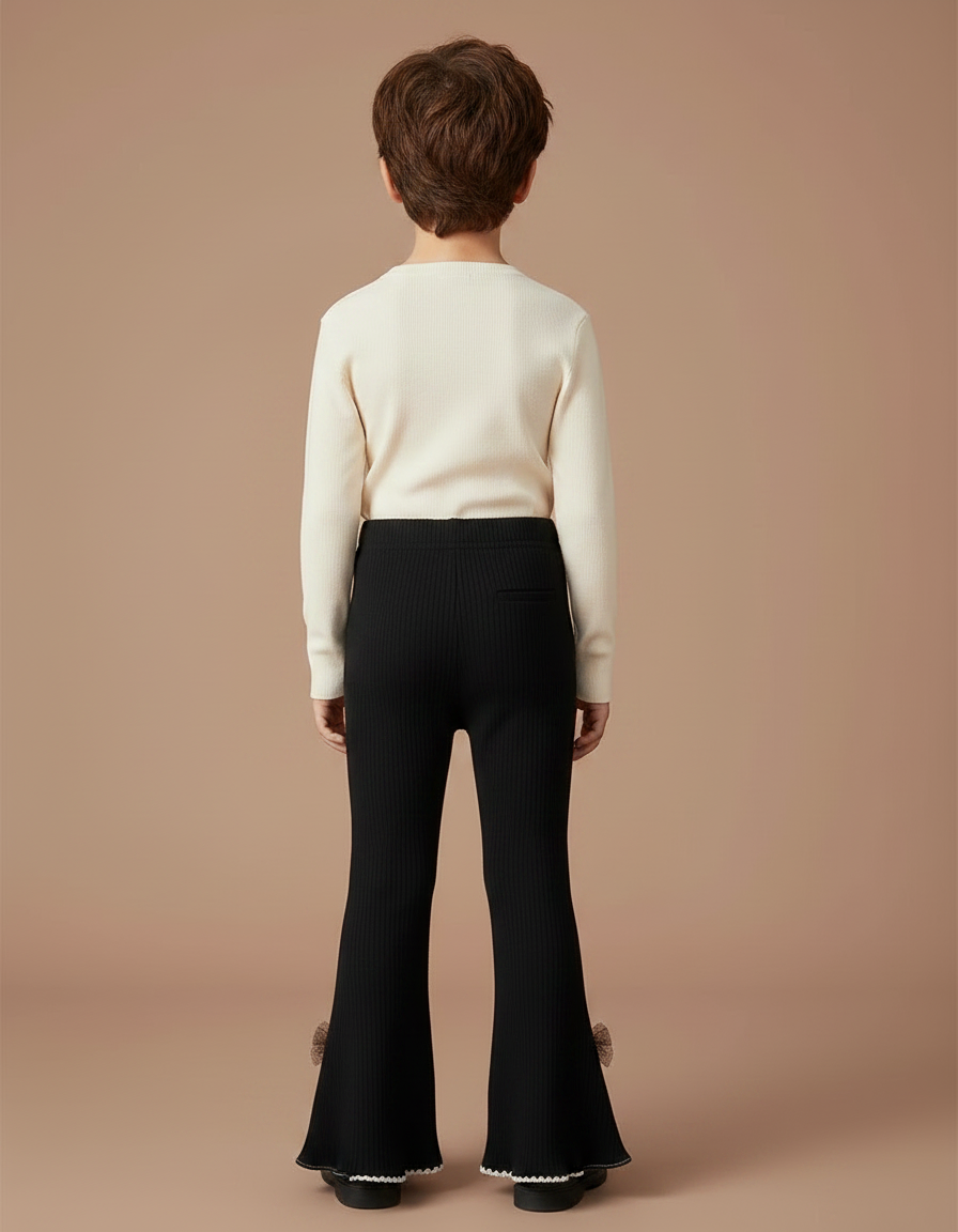 Pantalon Patte D'Éléphant Noir Côtelé Évasé Nœuds Enfant - Maille - vue 2