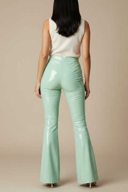 Pantalon Patte D'Éléphant Vert Brillant Évasé Vinyle Femme - Simili cuir - vue 2
