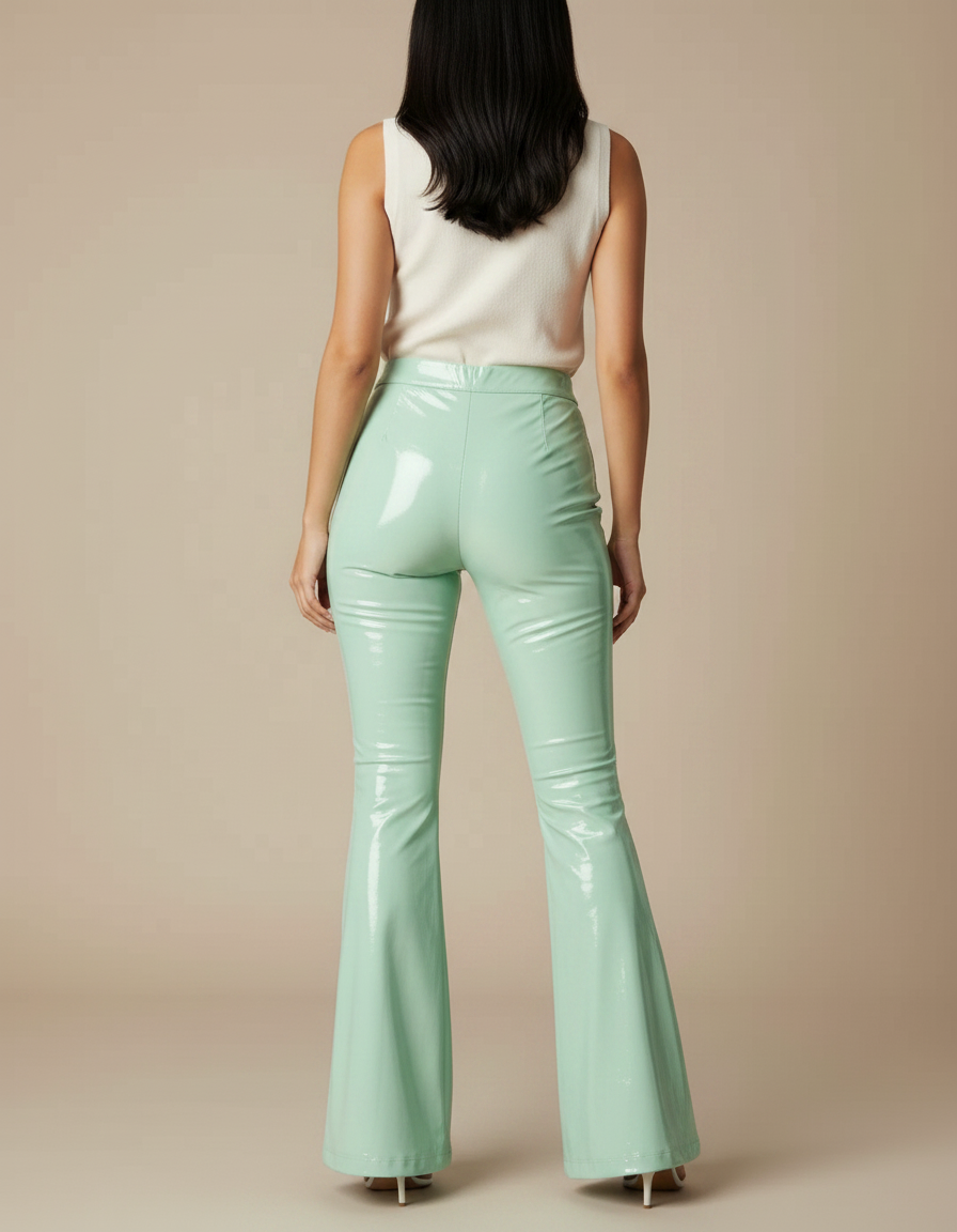 Pantalon Patte D'Éléphant Vert Brillant Évasé Vinyle Femme - Simili cuir - vue 2