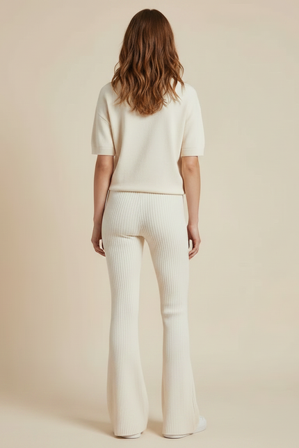 Pantalon Patte D'Éléphant Crème Côtelé Tricot Confortable Femme - Beige Maille - vue 2