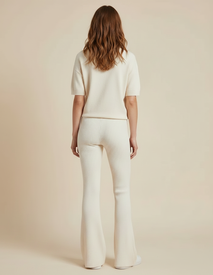 Pantalon Patte D'Éléphant Crème Côtelé Tricot Confortable Femme - Beige Maille - vue 2