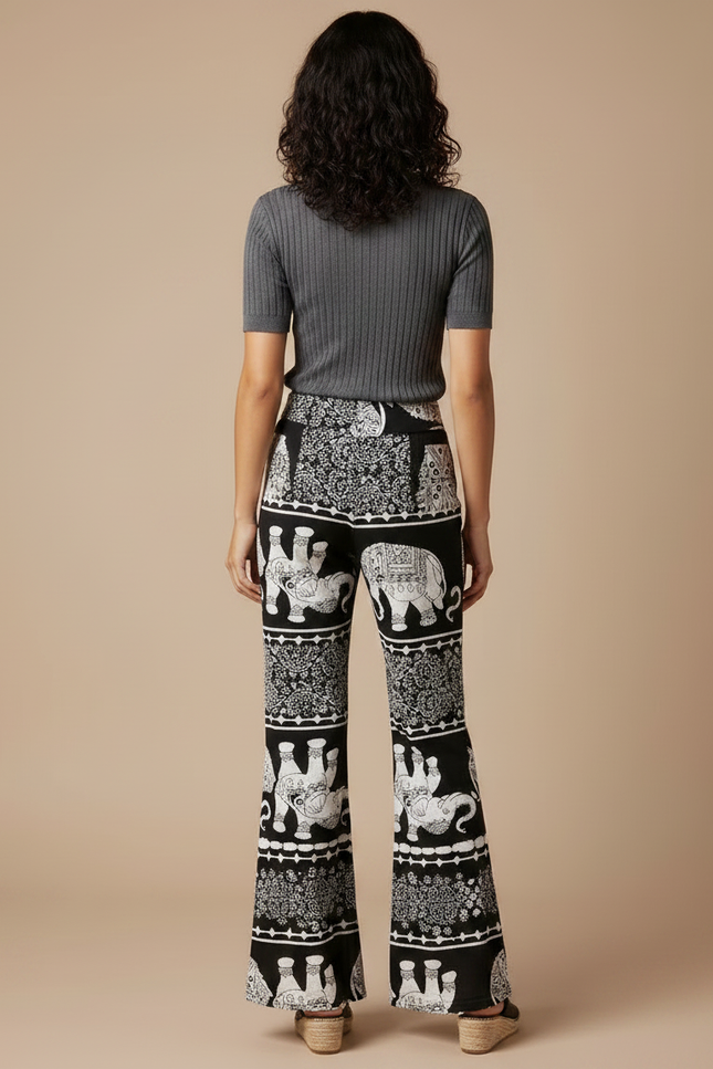 Pantalon Patte D'Éléphant Noir Évasé Motif Ethnique Fluide - Viscose - vue 2