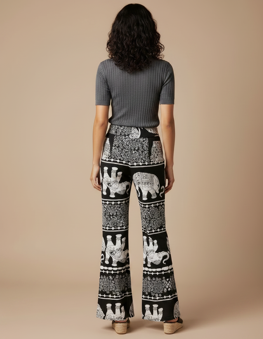Pantalon Patte D'Éléphant Noir Évasé Motif Ethnique Fluide - Viscose - vue 2