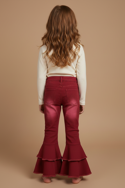 Pantalon Patte D'Éléphant Rouge Volants Denim Enfant Fille - Bordeaux Jean - vue 2