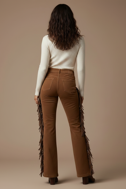 Pantalon Patte D'Éléphant Marron Franges Daim Vintage Femme - Cordé - vue 2
