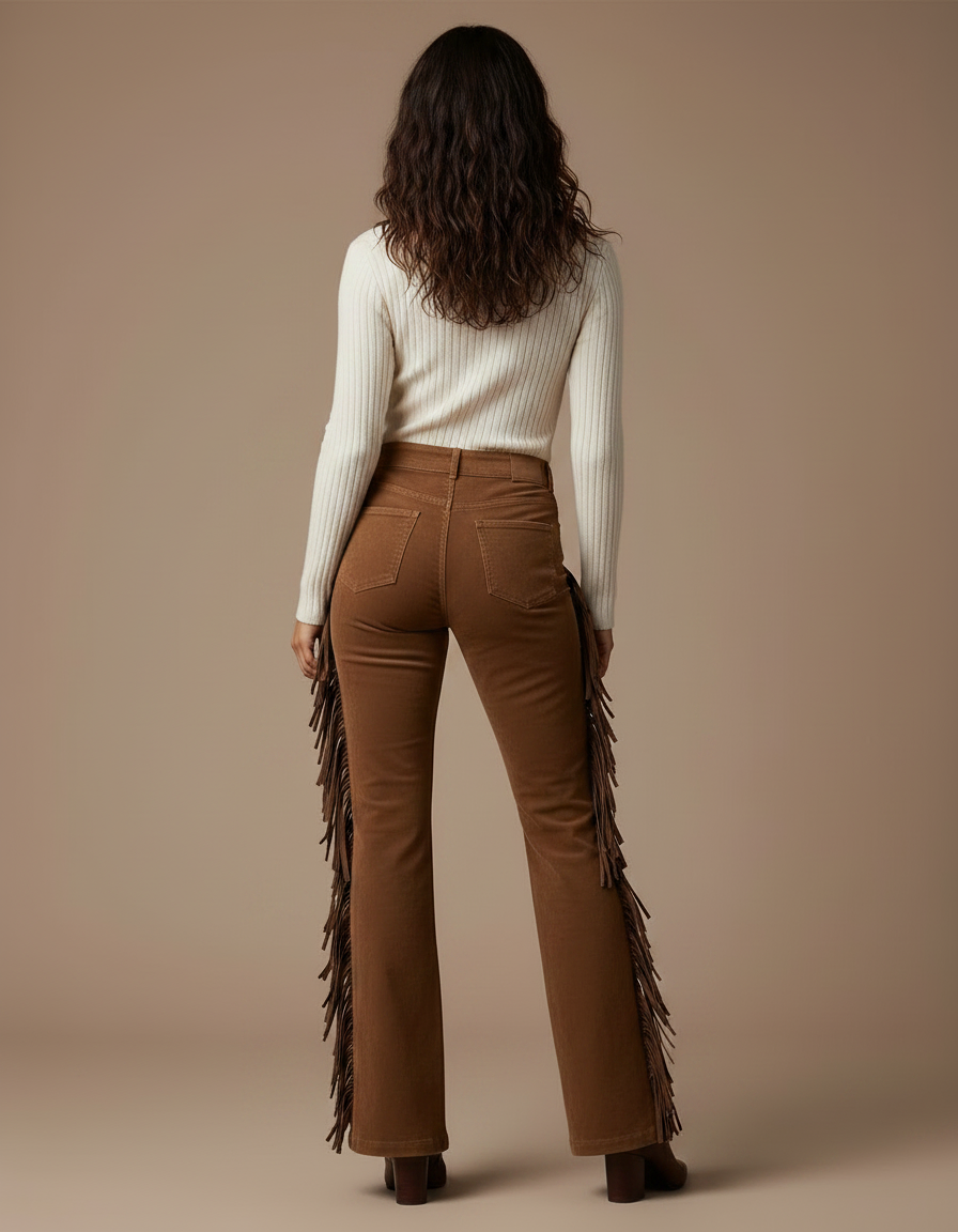 Pantalon Patte D'Éléphant Marron Franges Daim Vintage Femme - Cordé - vue 2