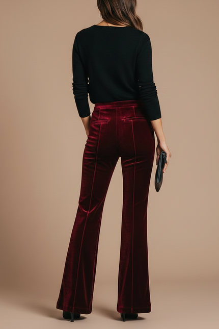 Pantalon Patte D'Éléphant Velours Rouge Bordeaux Taille Haute Évasé - vue 2