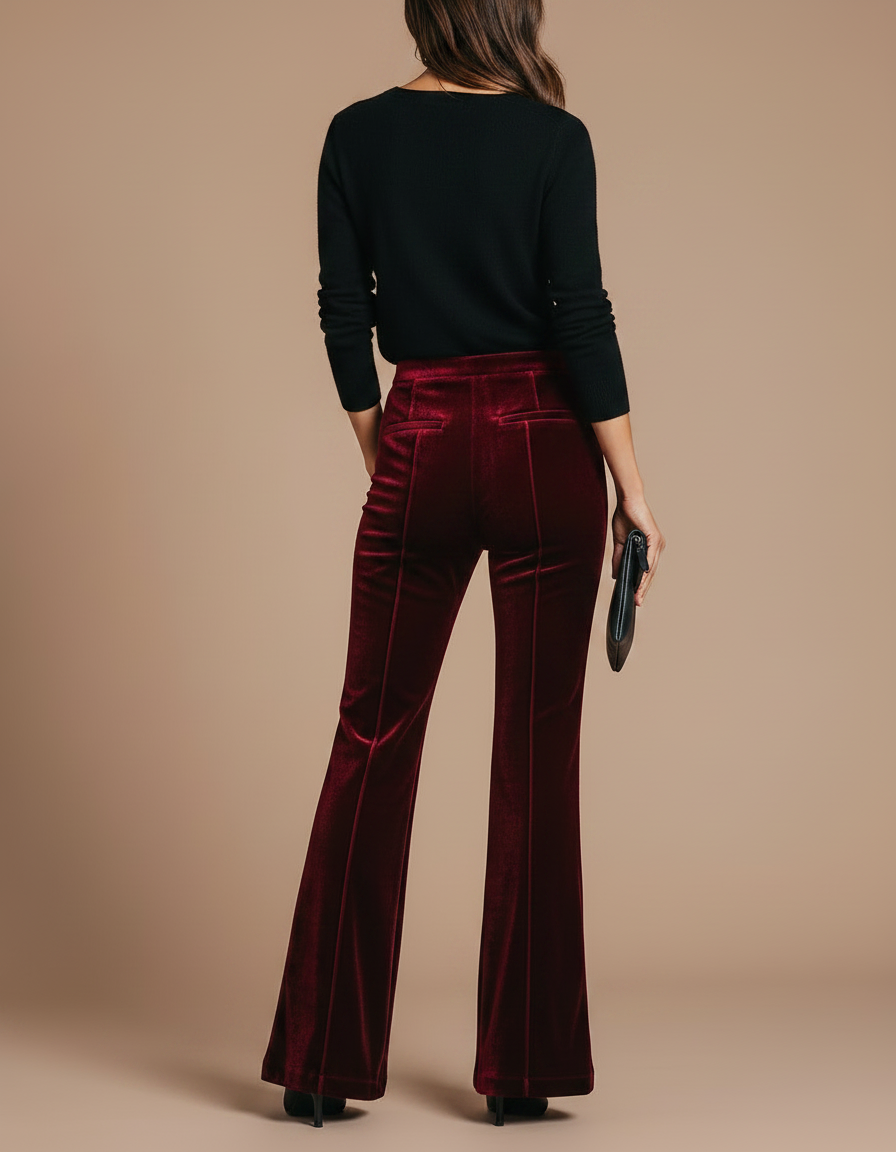 Pantalon Patte D'Éléphant Velours Rouge Bordeaux Taille Haute Évasé - vue 2