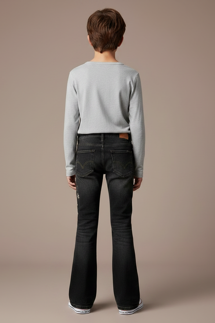Pantalon Patte D'Éléphant Noir Brodé Fleuri Décontracté Enfant - Jean - vue 2