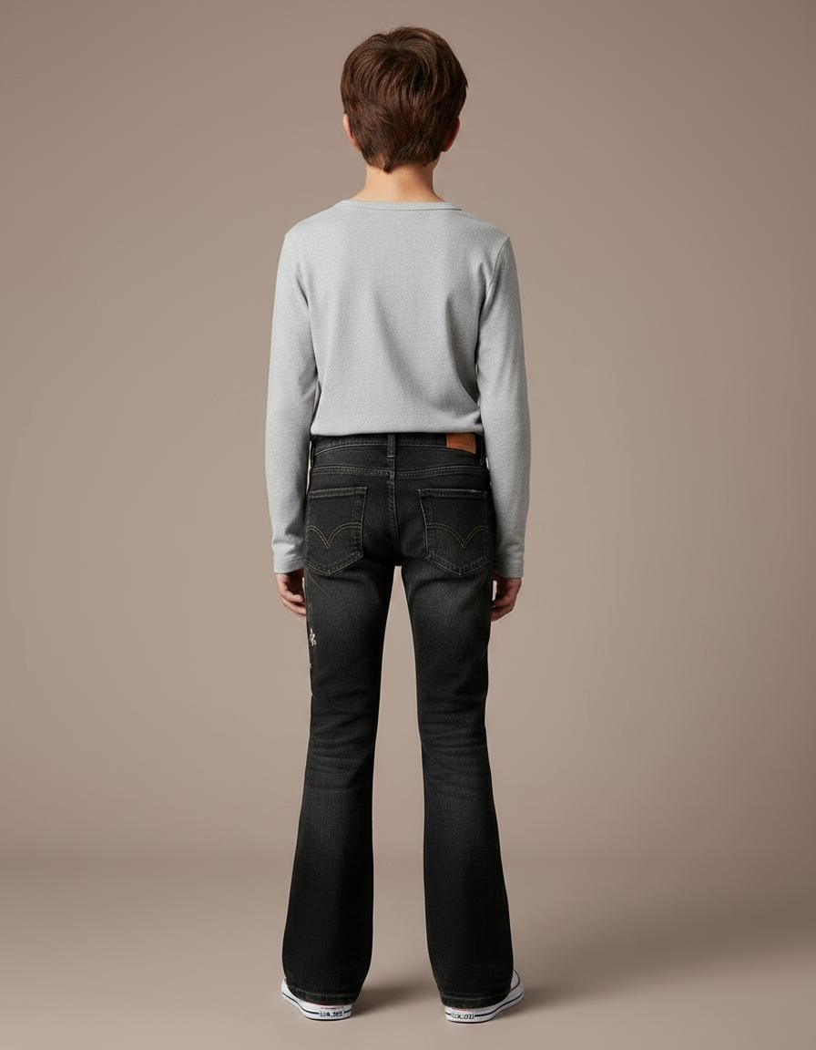 Pantalon Patte D'Éléphant Noir Brodé Fleuri Décontracté Enfant - Jean - vue 2