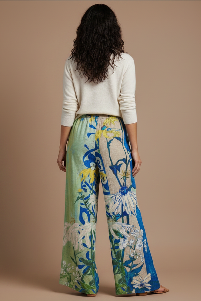 Pantalon Patte D'Éléphant Imprimé Floral Fluide Cordon Bohème - Multicolore Lin - vue 2
