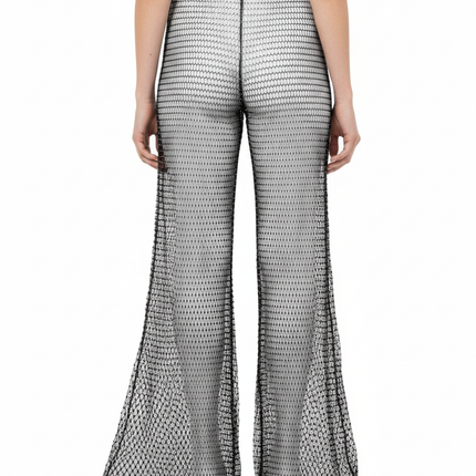 Pantalon Patte D'Éléphant Noir Résille Maille Évasé Transparent