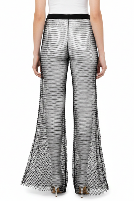 Pantalon Patte D'Éléphant Noir Résille Maille Évasé Transparent