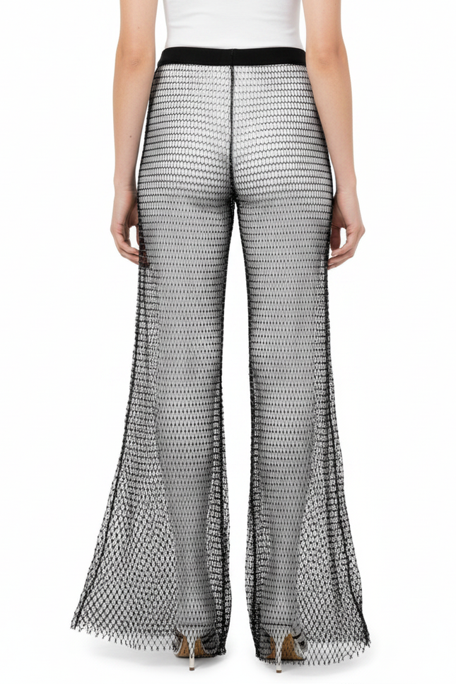 Pantalon Patte D'Éléphant Noir Résille Maille Évasé Transparent