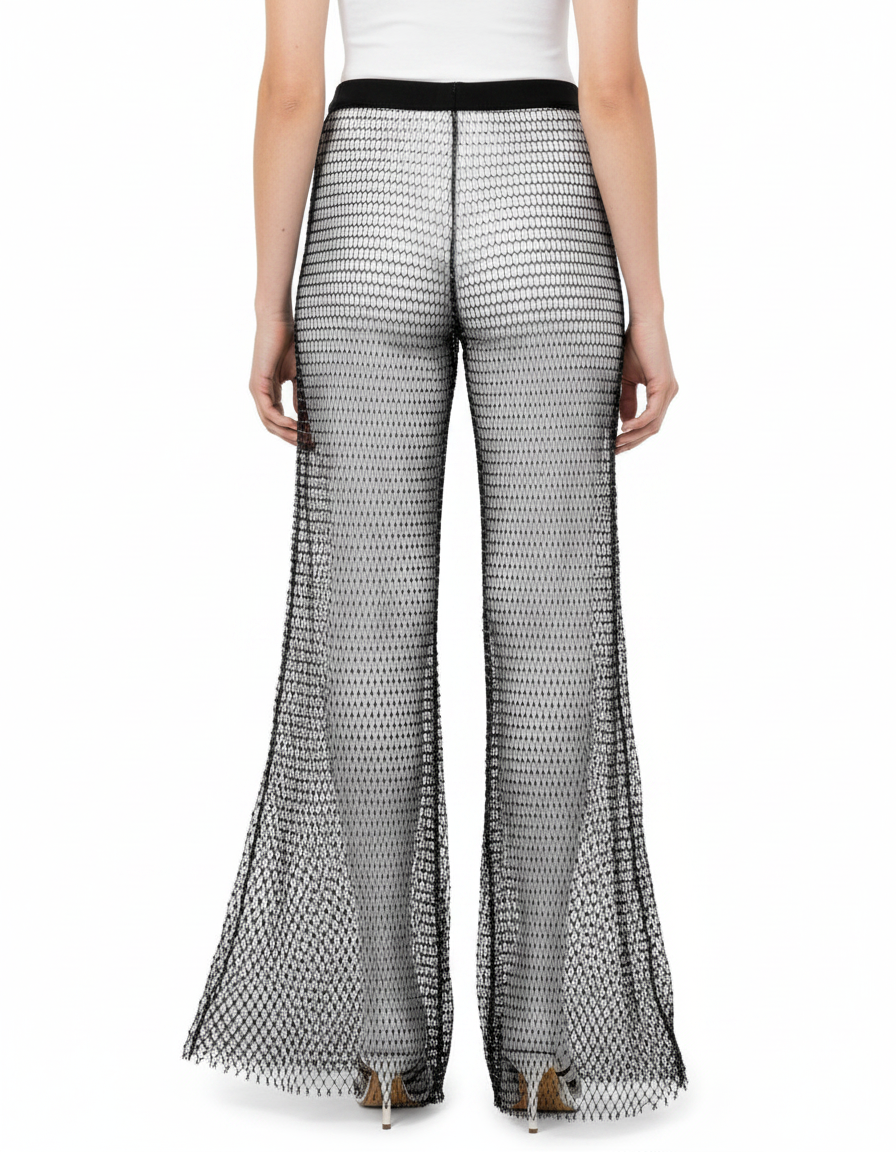 Pantalon Patte D'Éléphant Noir Résille Maille Évasé Transparent