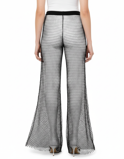 Pantalon Patte D'Éléphant Noir Résille Maille Évasé Transparent