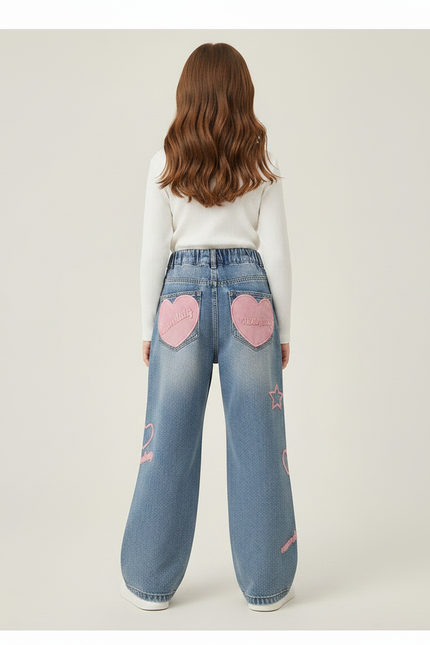 Pantalon Patte D'Éléphant Denim Bleu Brodé Étoiles Cœurs Ample Fille - Jean - vue 2