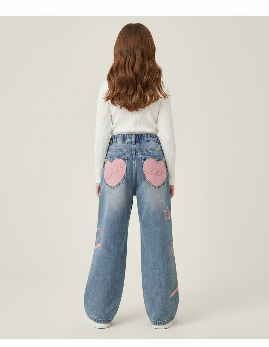 Pantalon Patte D'Éléphant Denim Bleu Brodé Étoiles Cœurs Ample Fille - Jean - vue 2