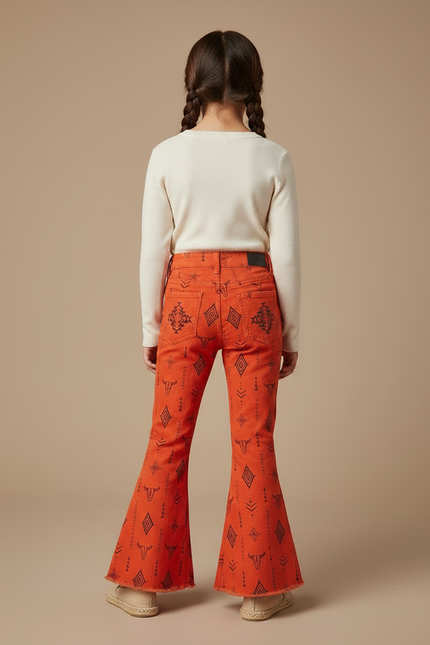 Pantalon Patte D'Éléphant Orange Imprimé Tribal Évasé Fille - Coton - vue 2