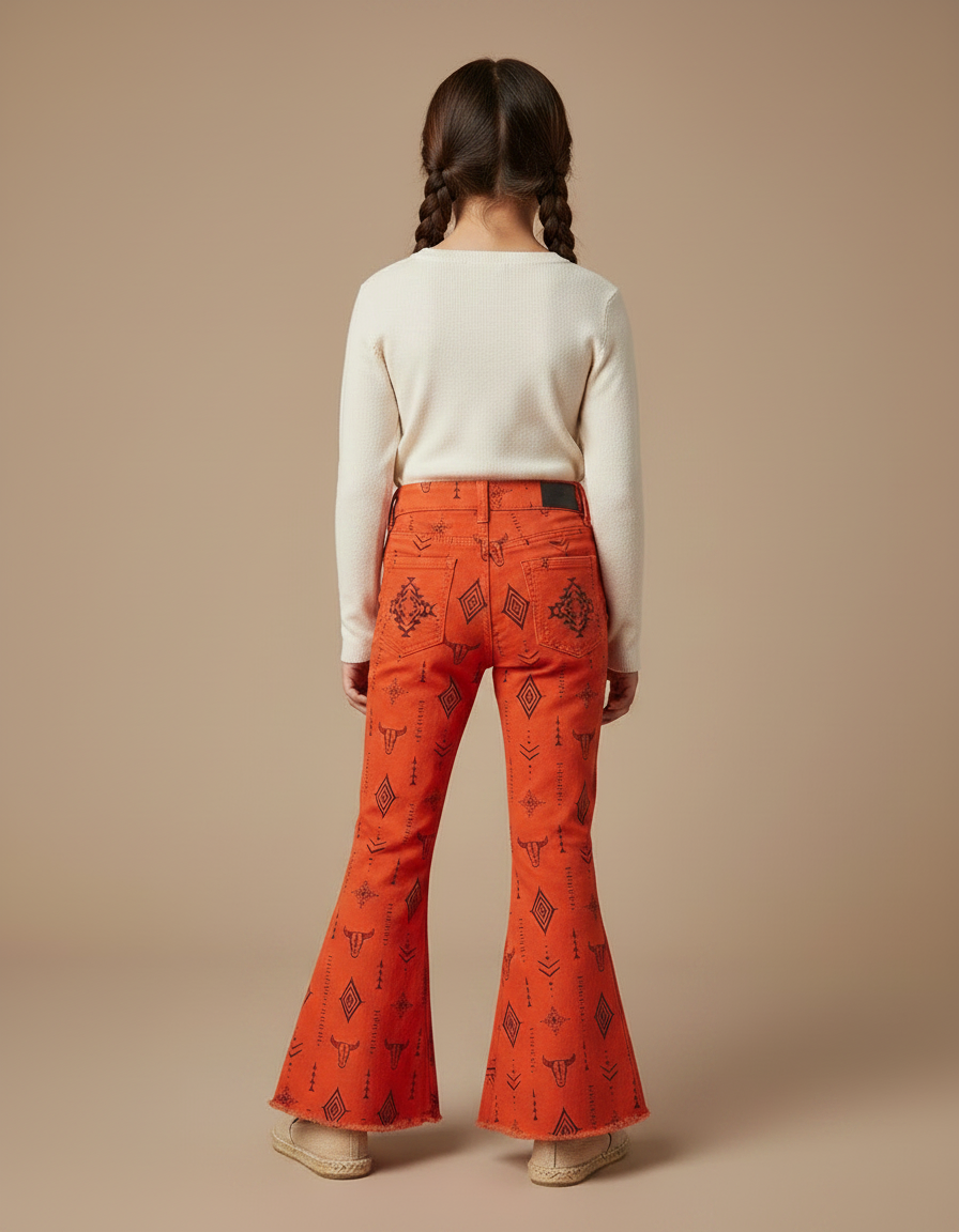 Pantalon Patte D'Éléphant Orange Imprimé Tribal Évasé Fille - Coton - vue 2