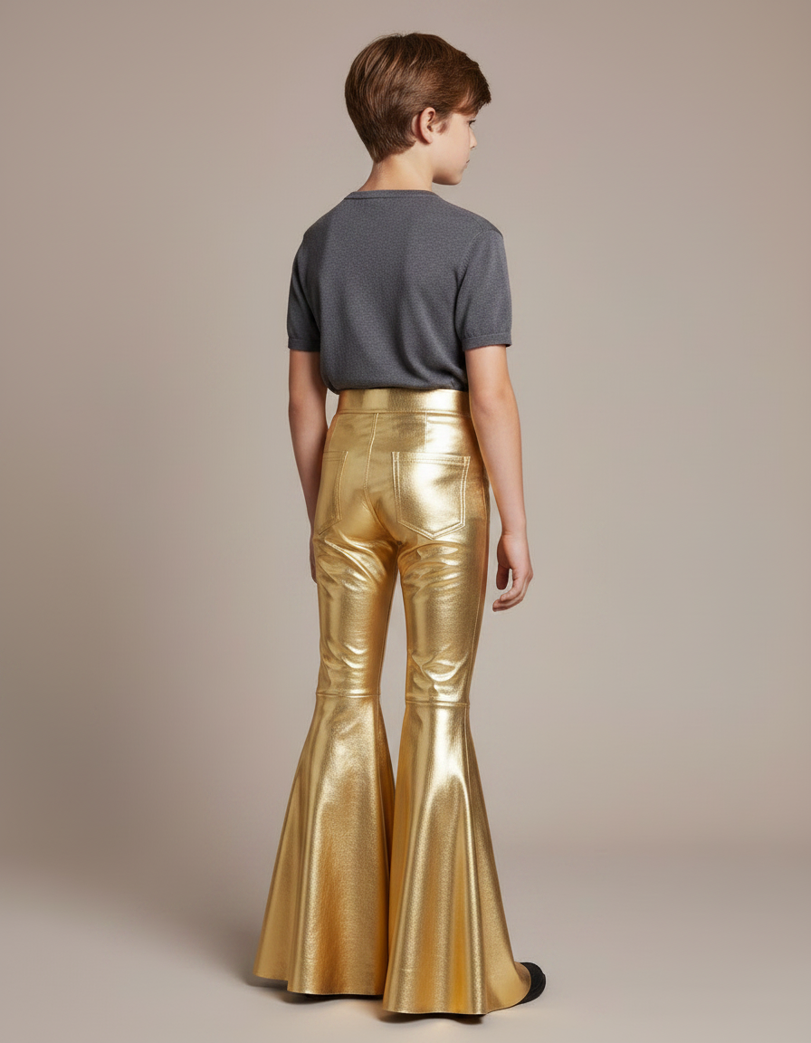Pantalon Patte D'Éléphant Doré Brillant Évasé Enfant Disco - Simili cuir - vue 2