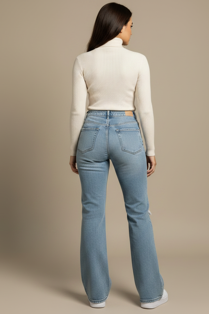 Pantalon Patte D'Éléphant Bleu Clair Délavé Déchiré Évasé - Jean - vue 2