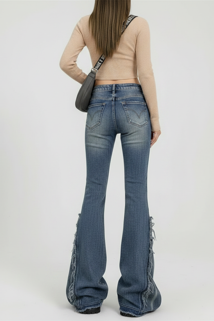 Pantalon Patte D'Éléphant Bleu Délavé Effiloché Y2K - Jean - vue 2