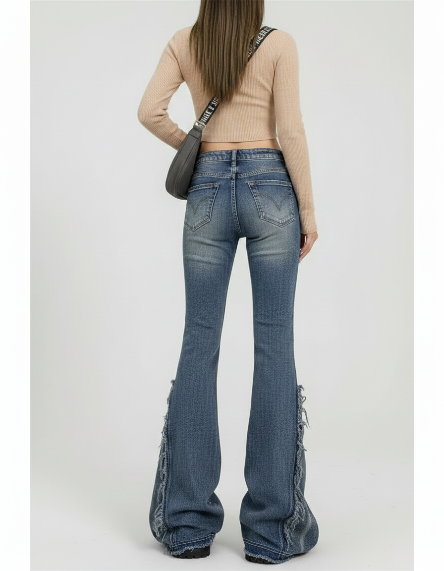 Pantalon Patte D'Éléphant Bleu Délavé Effiloché Y2K - Jean - vue 2