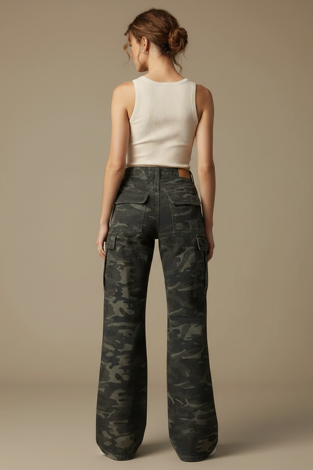 Pantalon Patte D'Éléphant Camouflage Cargo Ample Taille Haute - Kaki Toile - vue 2