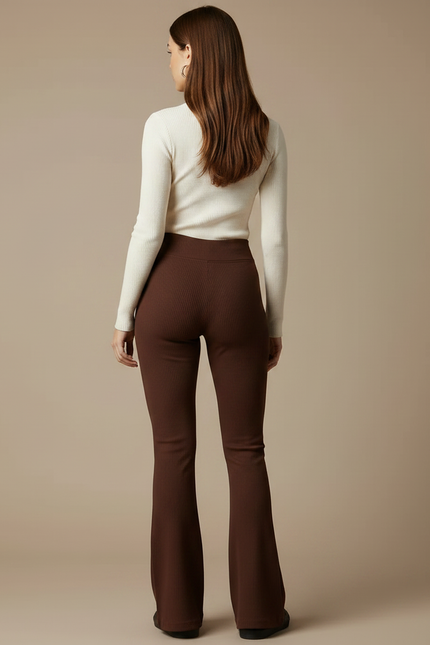 Pantalon Patte D'Éléphant Marron Côtelé Ajusté Taille Haute - Maille - vue 2