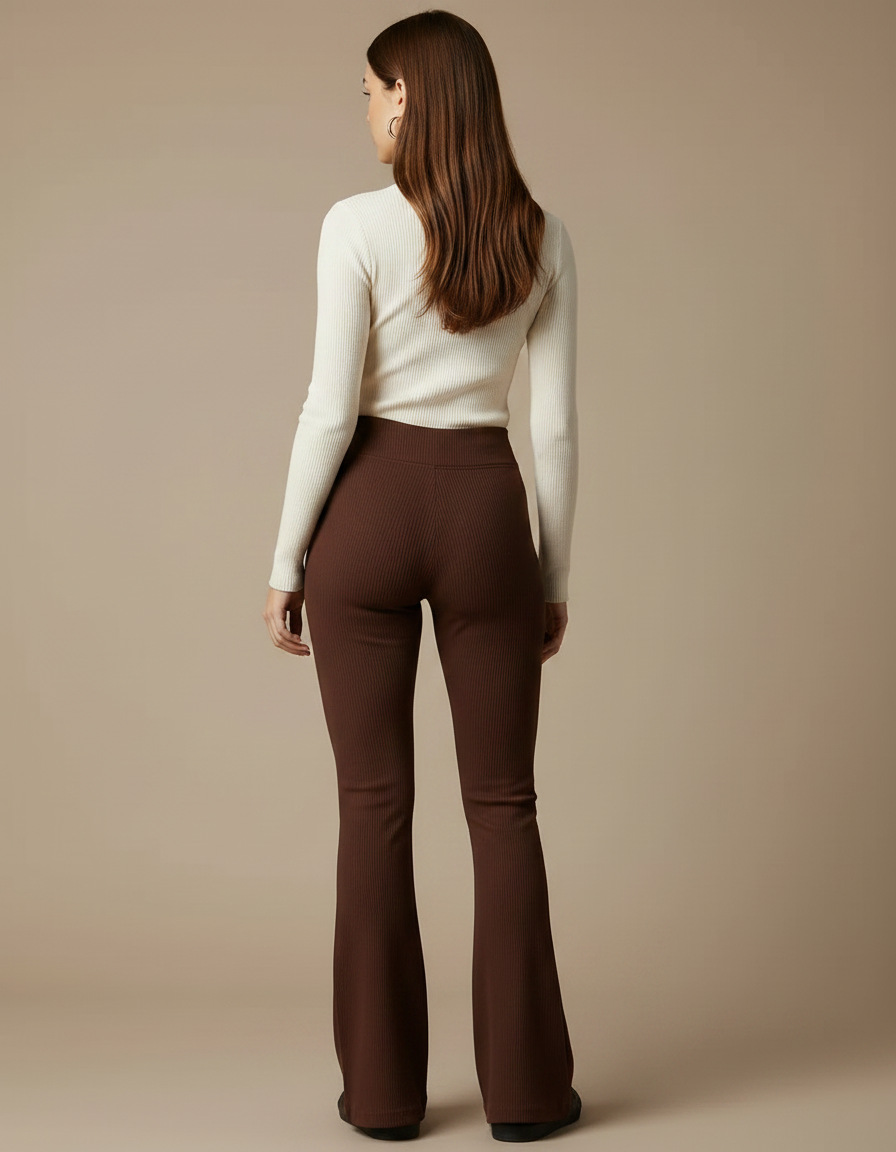 Pantalon Patte D'Éléphant Marron Côtelé Ajusté Taille Haute - Maille - vue 2
