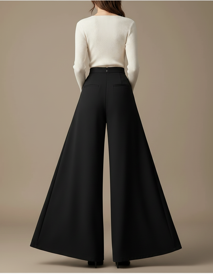 Pantalon Patte D'Éléphant Noir Fluide Taille Haute Élégant - Polyester - vue 2