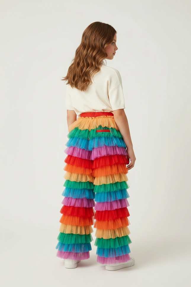 Pantalon Patte D'Éléphant Volants Tulle Arc-en-ciel Évasé Coloré - Multicolore Polyester - vue 2
