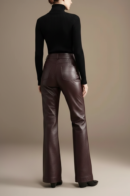 Pantalon Patte D'Éléphant Simili Cuir Marron Taille Haute - vue 2