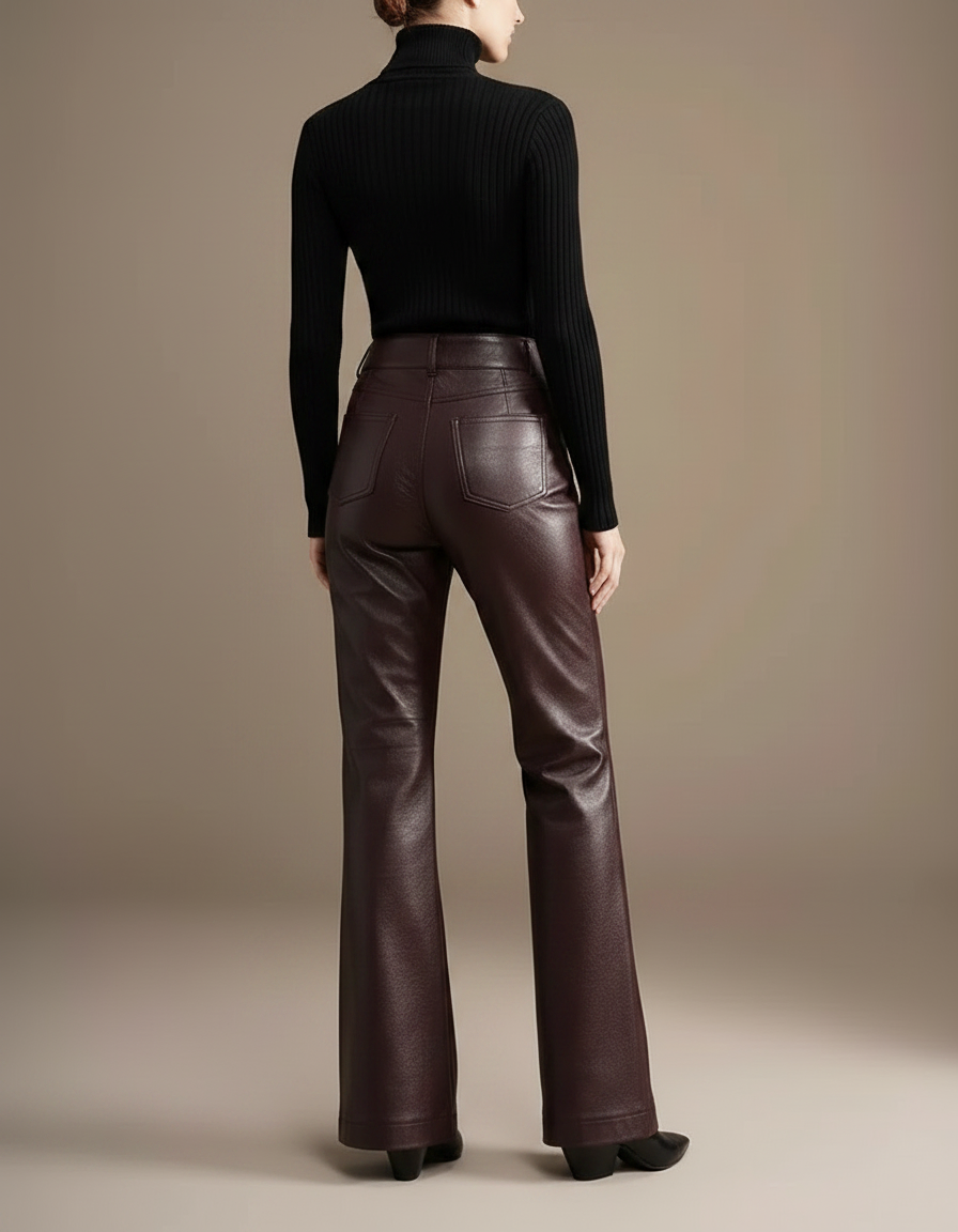 Pantalon Patte D'Éléphant Simili Cuir Marron Taille Haute - vue 2