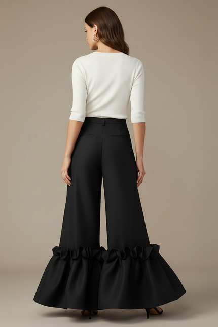 Pantalon Patte D'Éléphant Noir Volants Chic Évasé Élégant - Polyester - vue 2
