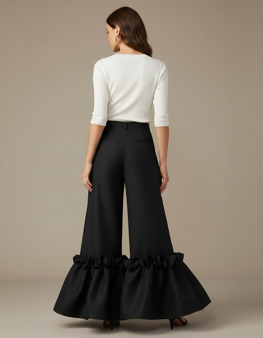 Pantalon Patte D'Éléphant Noir Volants Chic Évasé Élégant - Polyester - vue 2