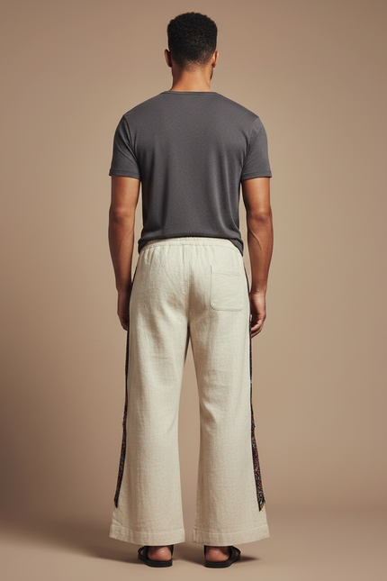 Pantalon Patte D'Éléphant Ethnique Imprimé Totem Ample Lin - Beige - vue 2