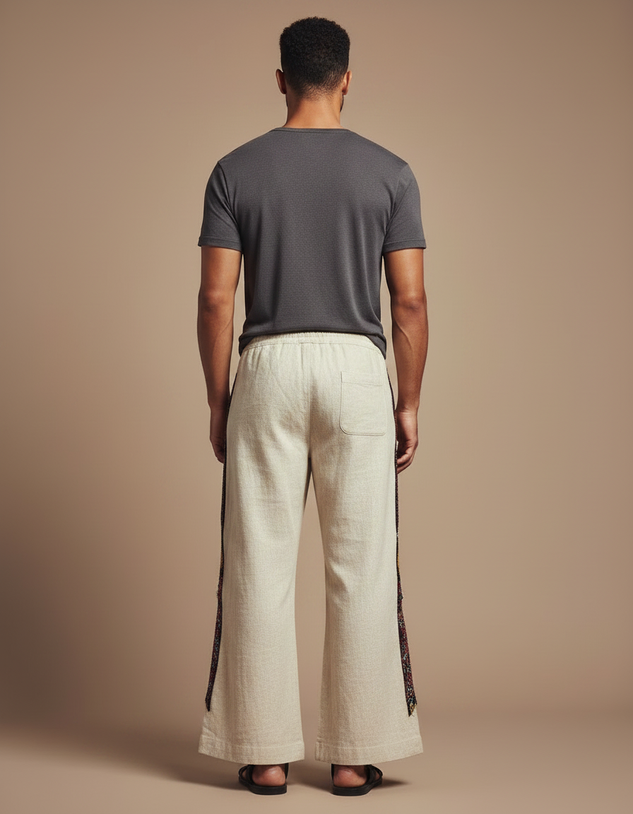 Pantalon Patte D'Éléphant Ethnique Imprimé Totem Ample Lin - Beige - vue 2