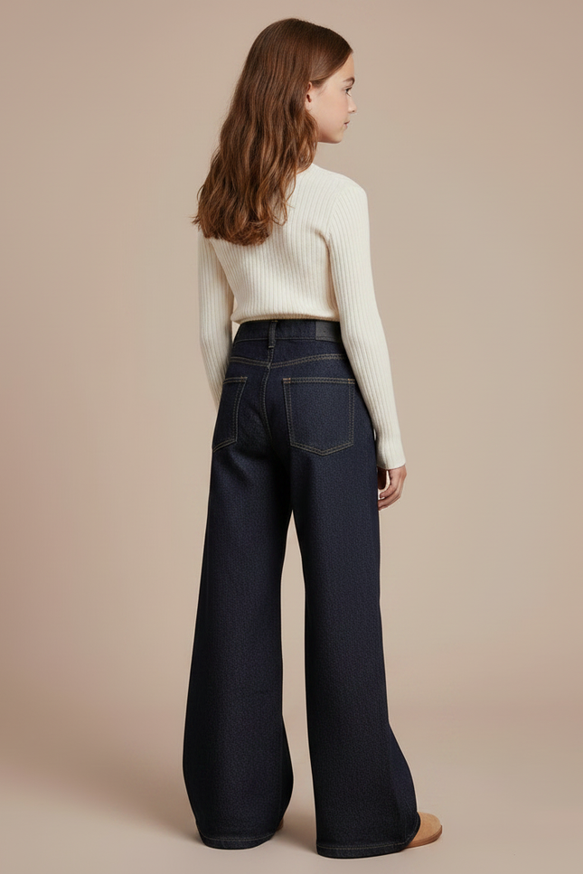 Pantalon Patte D'Éléphant Jean Bleu Foncée Ample Confortable - Marine - vue 2