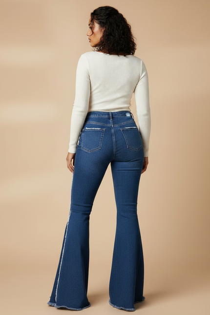 Pantalon Patte D'Éléphant Jean Bleu Franges Fendu Taille Haute - vue 2